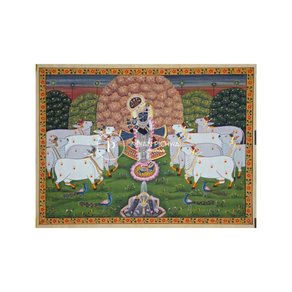 Shrinath Ji Sandhya Darshan – Gopashtami Divine Pichwai, Handpainted, 46”x34”, Unframed