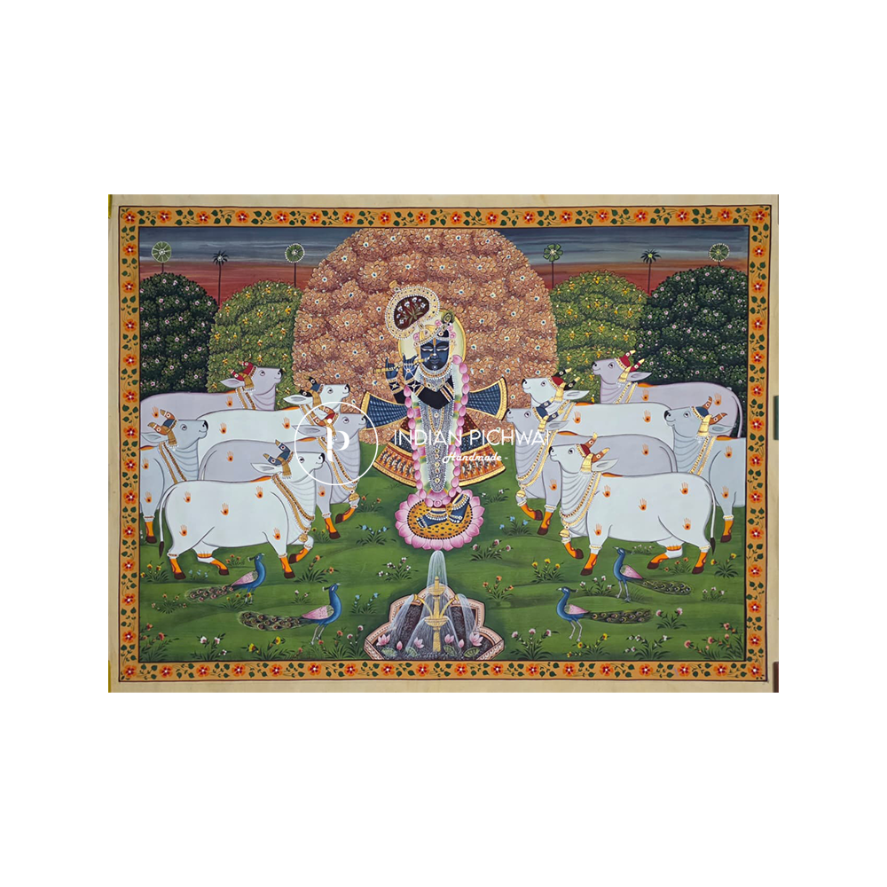 Shrinath Ji Sandhya Darshan – Gopashtami Divine Pichwai, Handpainted, 46”x34”, Unframed