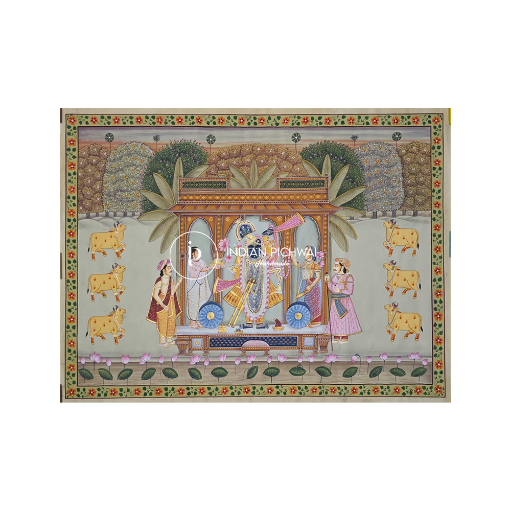 Shrinath Ji Kunj Mandap Darshan Divine Pichwai, Handpainted, 46”x34”, Unframed