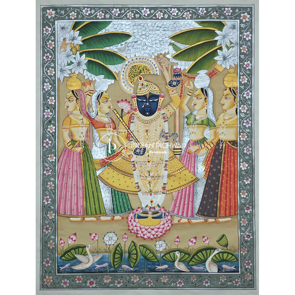 Shrinath Ji Divine Fusion - Golden & Silver Theme Pichwai, Handpainted, 36”x48”, Unframed