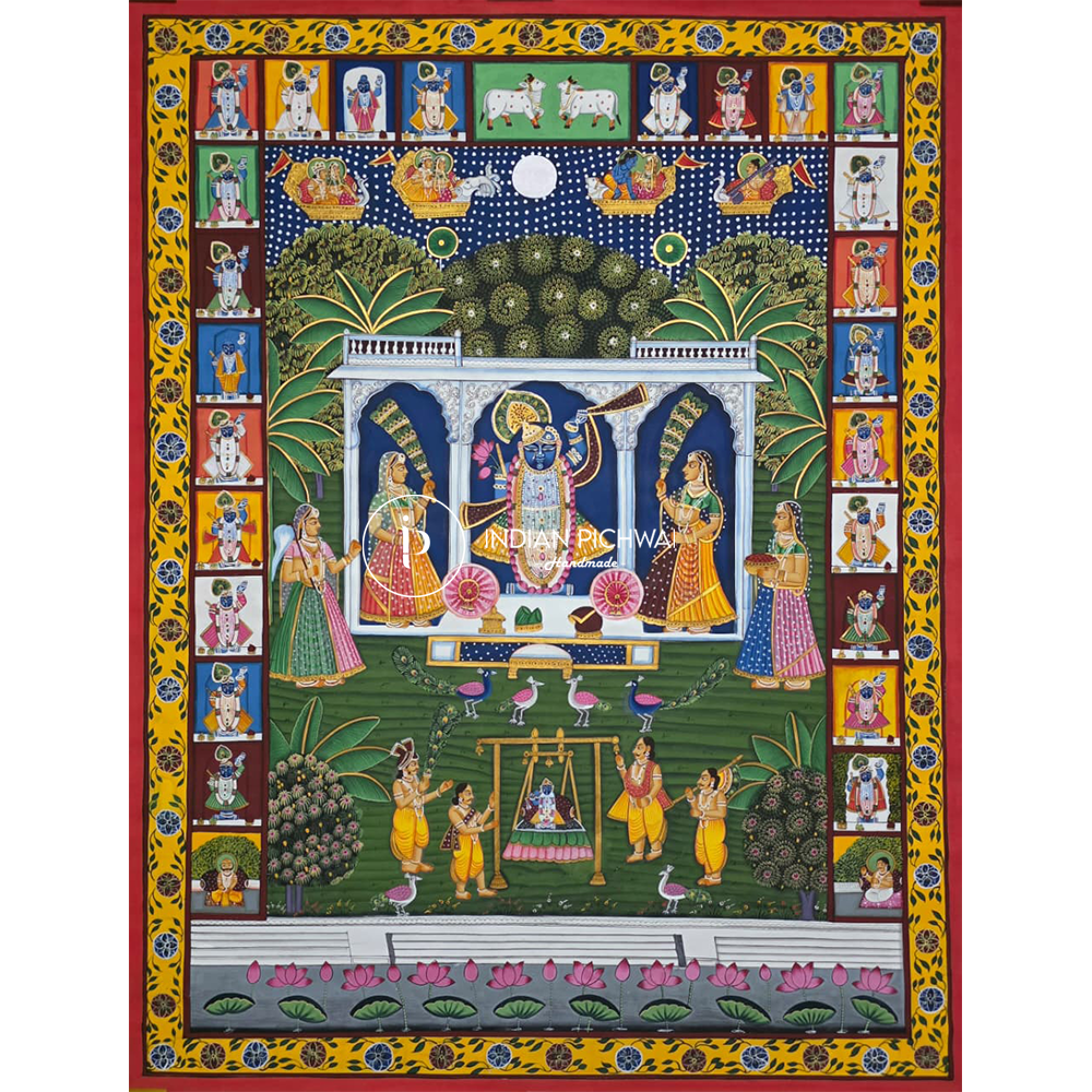 Sharad Purnima Zhula Mahotsav – Shrinath Ji 24 Swaroop Pichwai, Handpainted, 38”x50”, Unframed