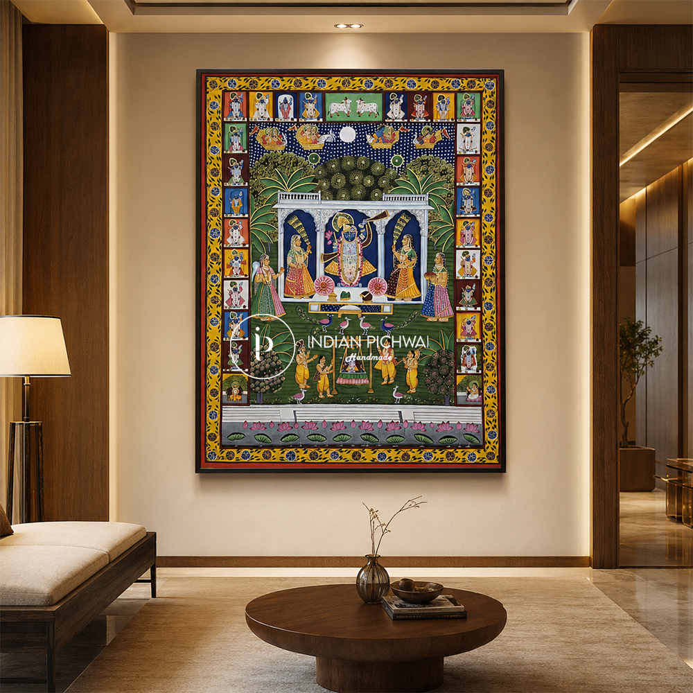 Sharad Purnima Zhula Mahotsav – Shrinath Ji 24 Swaroop Pichwai, Handpainted, 38”x50”, Unframed
