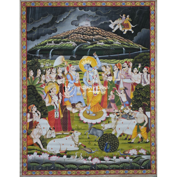 Lord Krishna Govardhan Painting : Giriraj Govardhan Uddhar Pichwai, Handpainted, 52”x69”, Unframed
