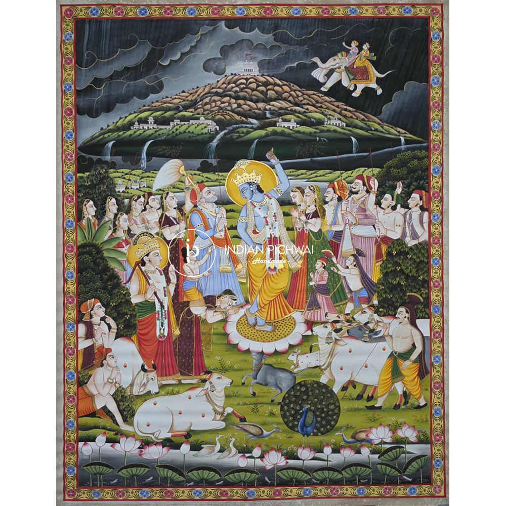Lord Krishna Govardhan Painting : Giriraj Govardhan Uddhar Pichwai, Handpainted, 52”x69”, Unframed