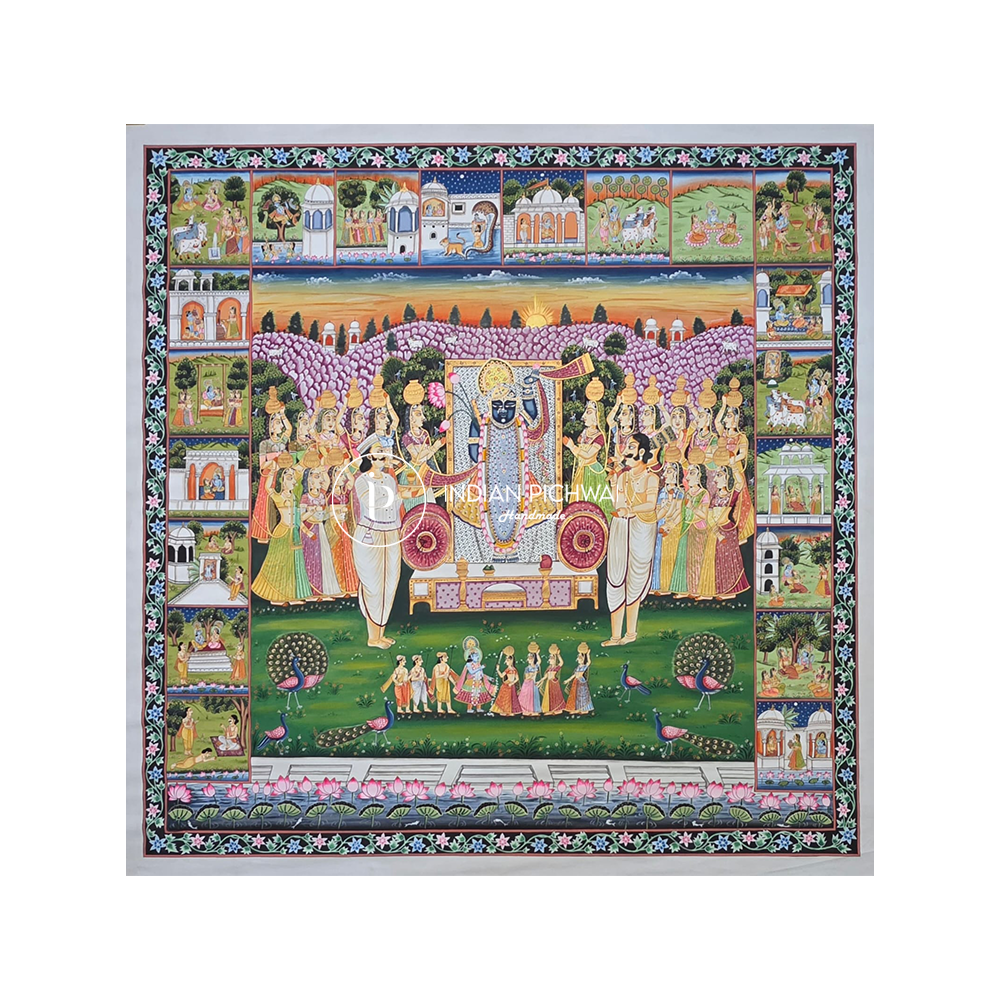 Lord Shrinath Ji with Detailed Krishna Leela Pichwai, Handpainted, 60”x60”, Unframed