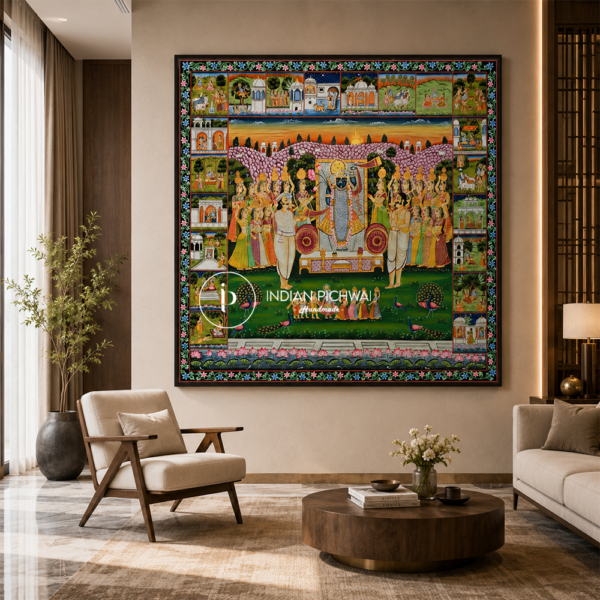 Lord Shrinath Ji with Detailed Krishna Leela Pichwai, Handpainted, 60”x60”, Unframed