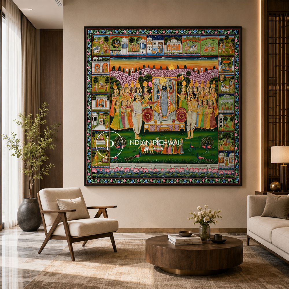 Lord Shrinath Ji with Detailed Krishna Leela Pichwai, Handpainted, 60”x60”, Unframed